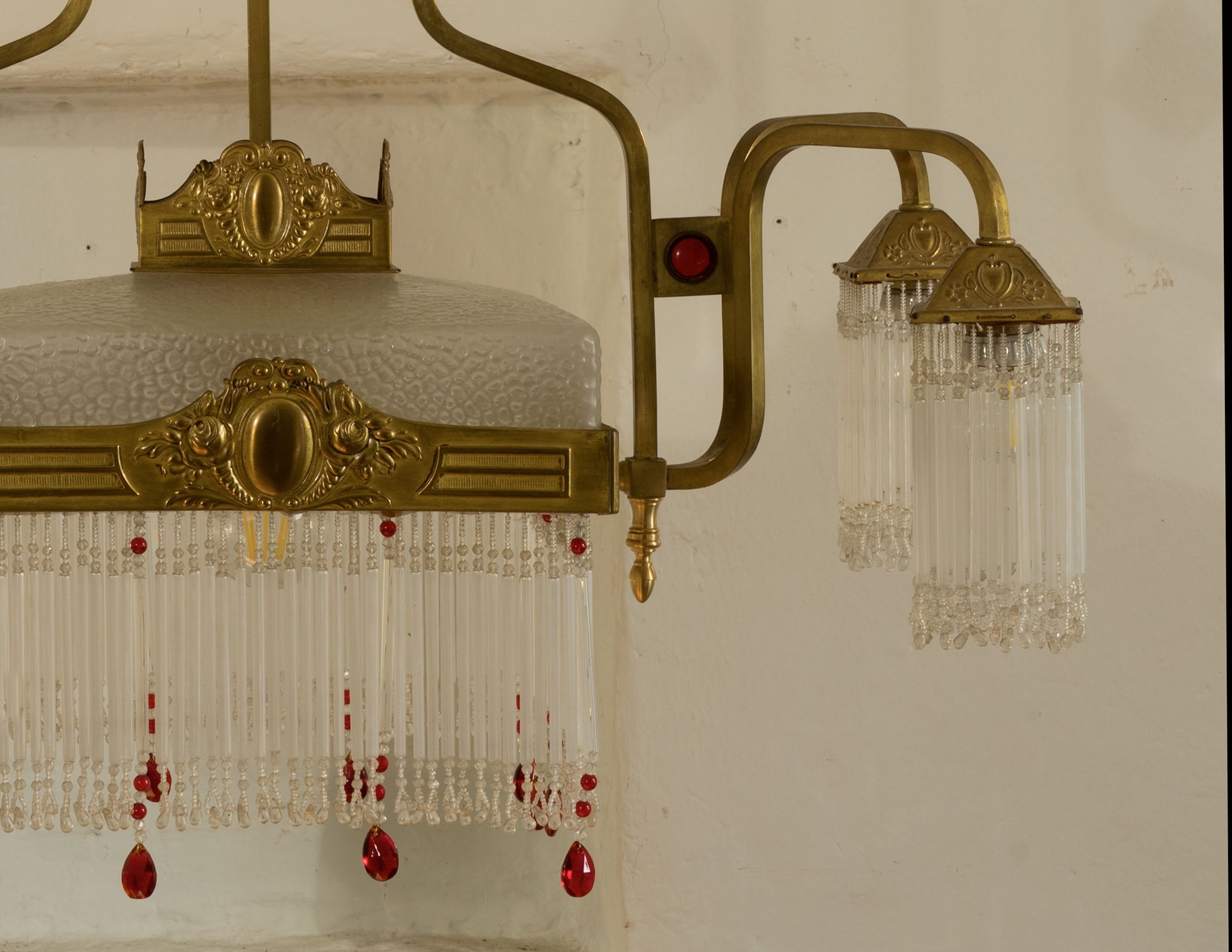 Lampadario Art Dèco Antico a 5 Luci, Gocce Pendenti in vetro di Murano, Italia anni '30-Lo Stile Italiano