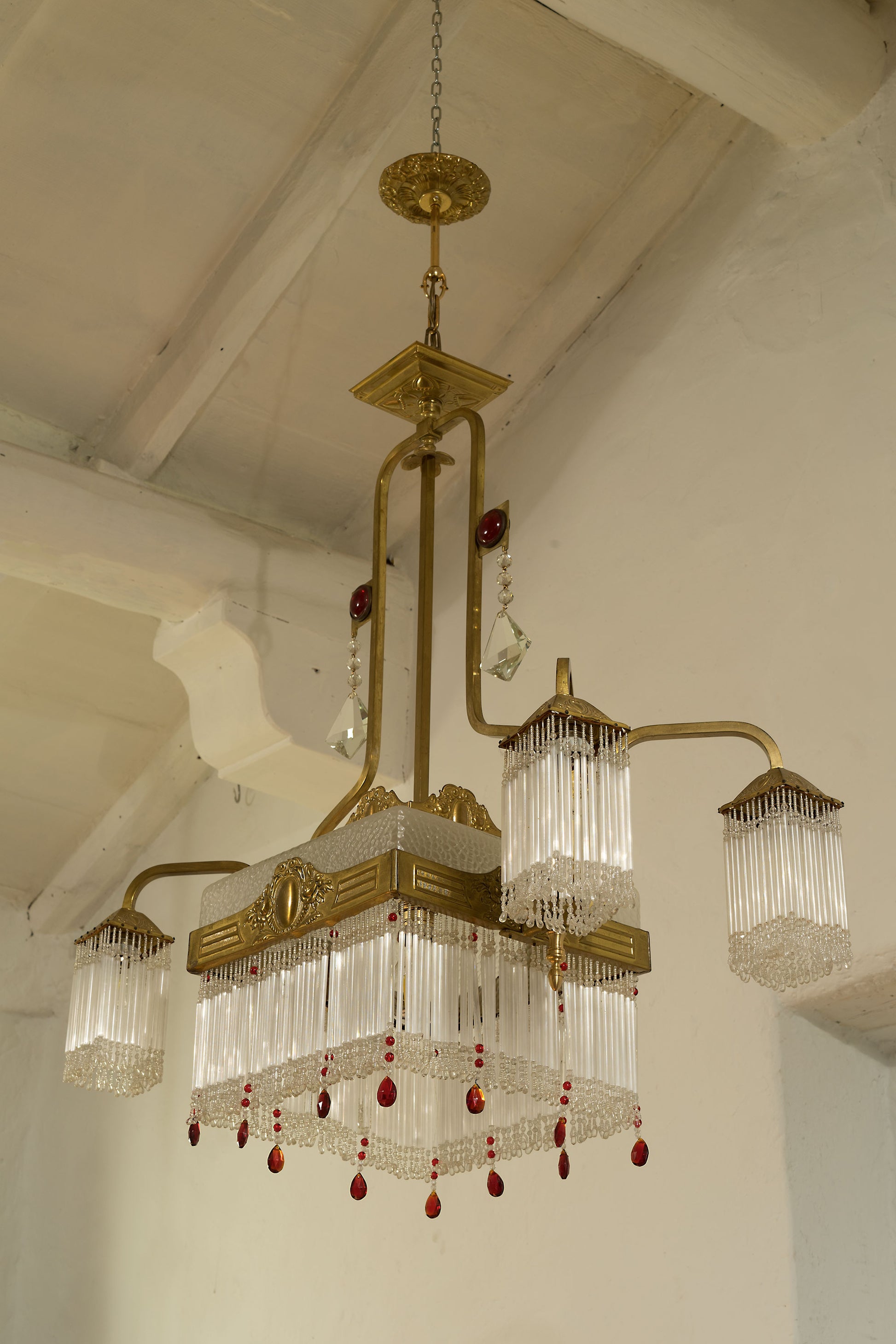 Lampadario antico Art Déco, gocce pendenti in vetro di Murano-Lo Stile Italiano