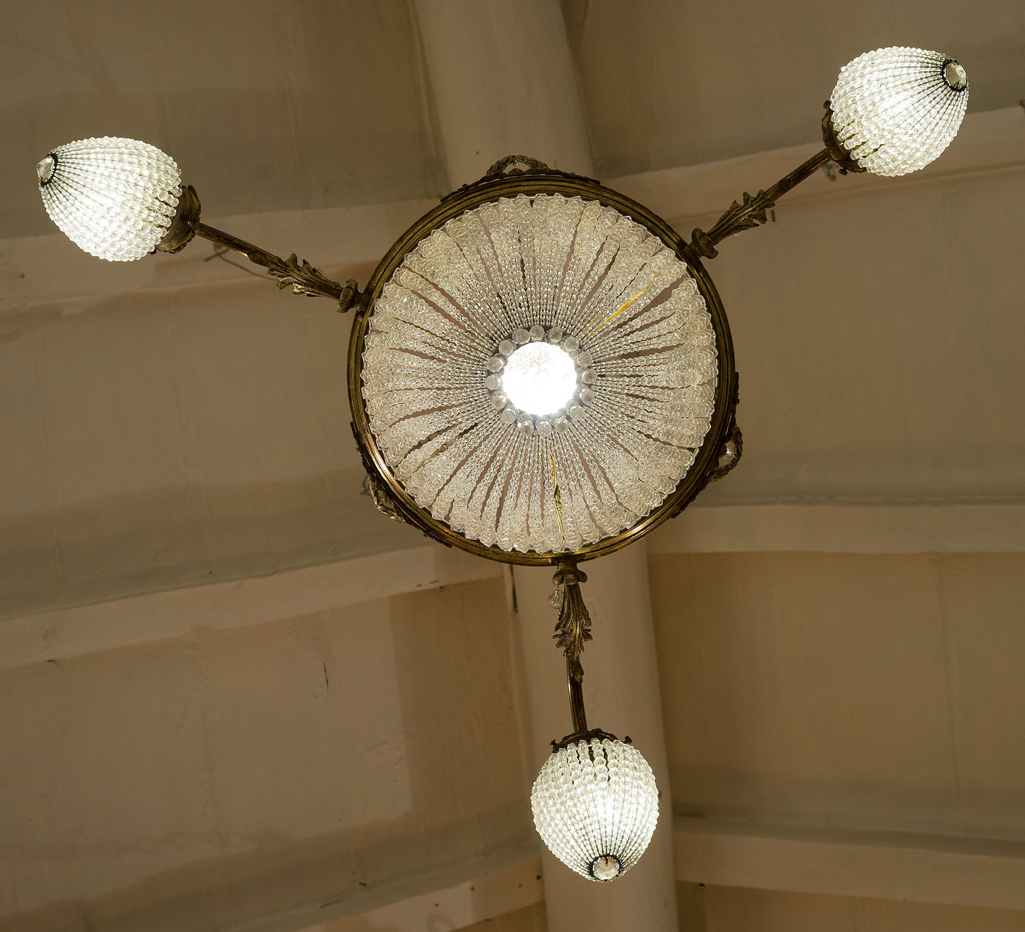 Lampadario Liberrty (Art Nouveau) in cristallo, 4 luci, Italia primi '900-Lo Stile Italiano