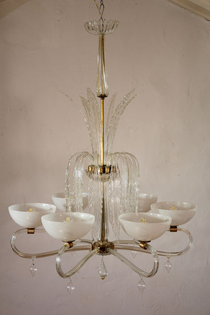 Lampadario Venini con 18 lunghe foglie in vetro di Veneziano-Lo Stile Italiano