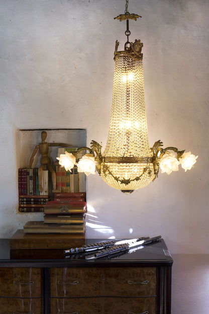 Antico lampadario in cristallo periodo Art Nouveau, 15 Luci, Italia 1900, 1920-Lo Stile Italiano