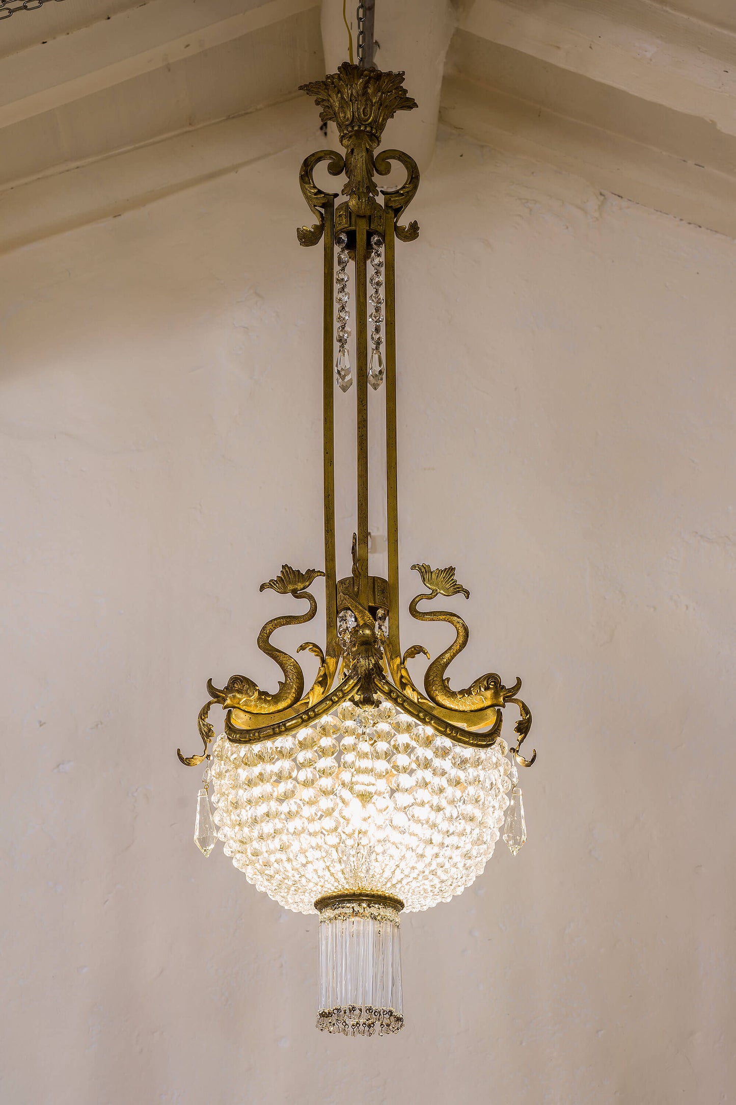 Lampadario Liberty con perle di cristallo, periodo fine 800, Belle Époque. | lo Stile Italiano