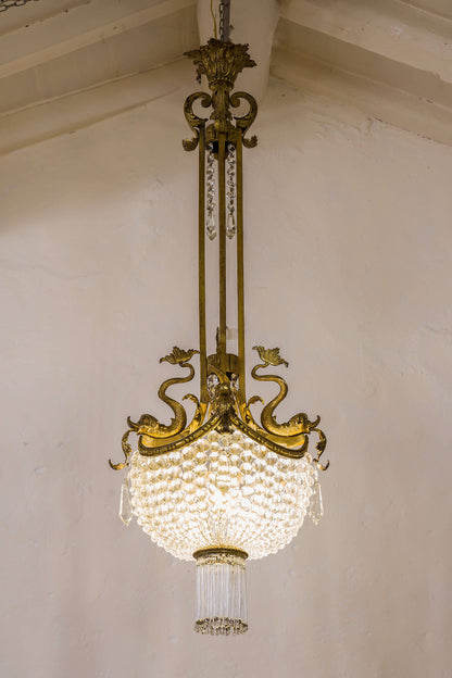 Lampadario Liberty con perle di cristallo, periodo fine 800, Belle Époque. | lo Stile Italiano