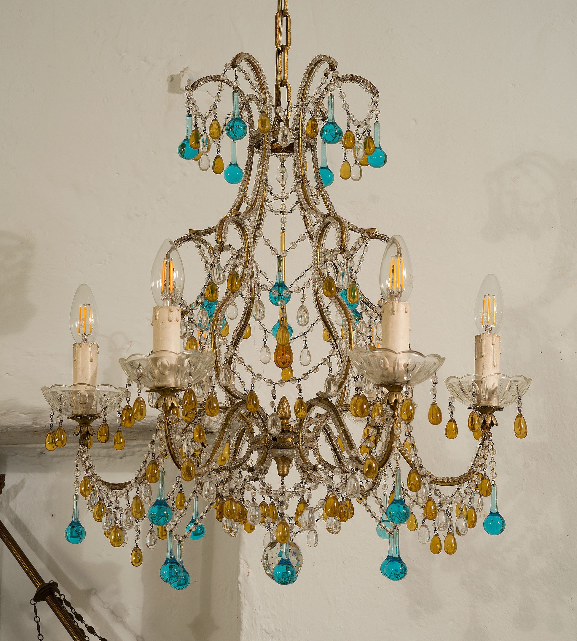 Lampadario stile Maria Teresa di cristallo colorato, 6 luci-Lo Stile Italiano