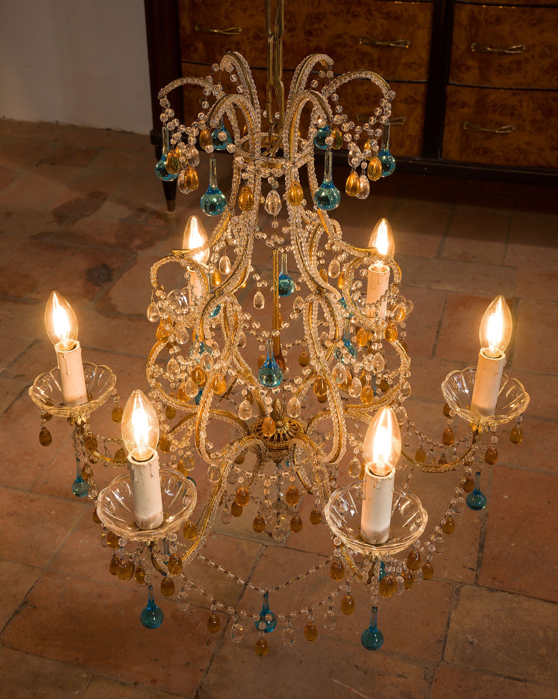 Lampadario Fiorentino in ferro battuto, 6 luci, vintage Art-Nouveau-Lo Stile Italiano