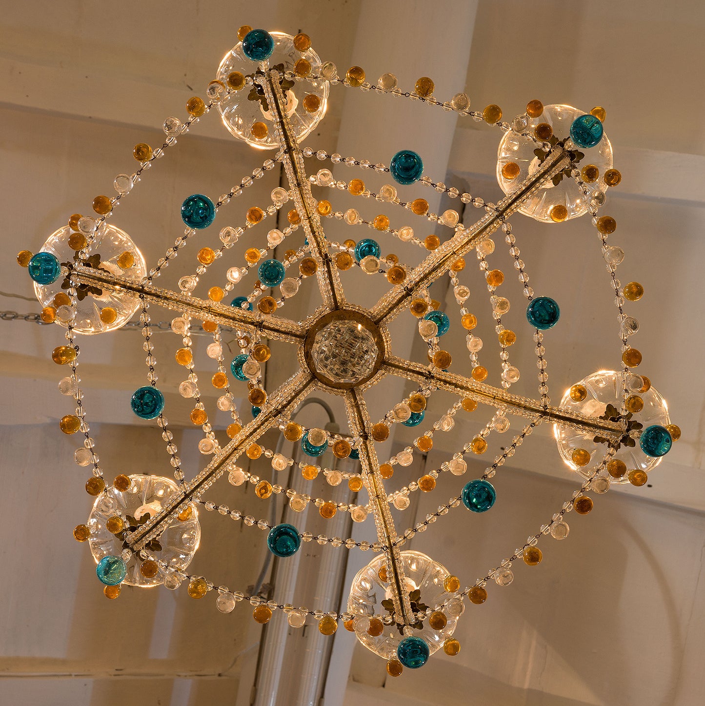 Lampadario con gocce pendenti colorate, anni '30 Vintage-Lo Stile Italiano