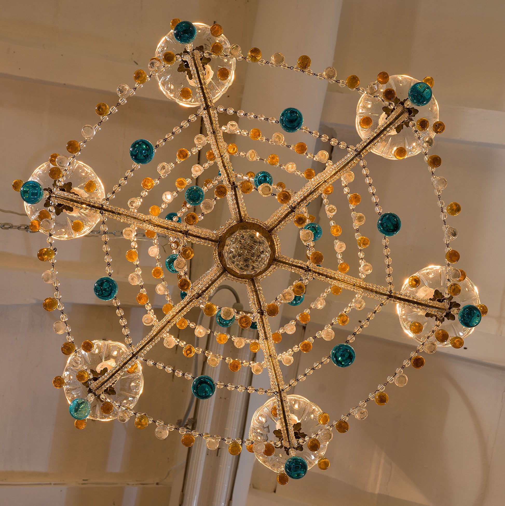 Lampadario con gocce pendenti colorate, anni '30 Vintage-Lo Stile Italiano