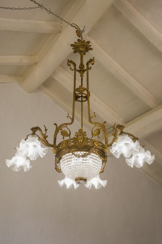 Antico Lampadario Art Nouveau (Liberty) in ottone cesellato e cristallo, 9 luci, Italia 1920 - Lo Stile Italiano
