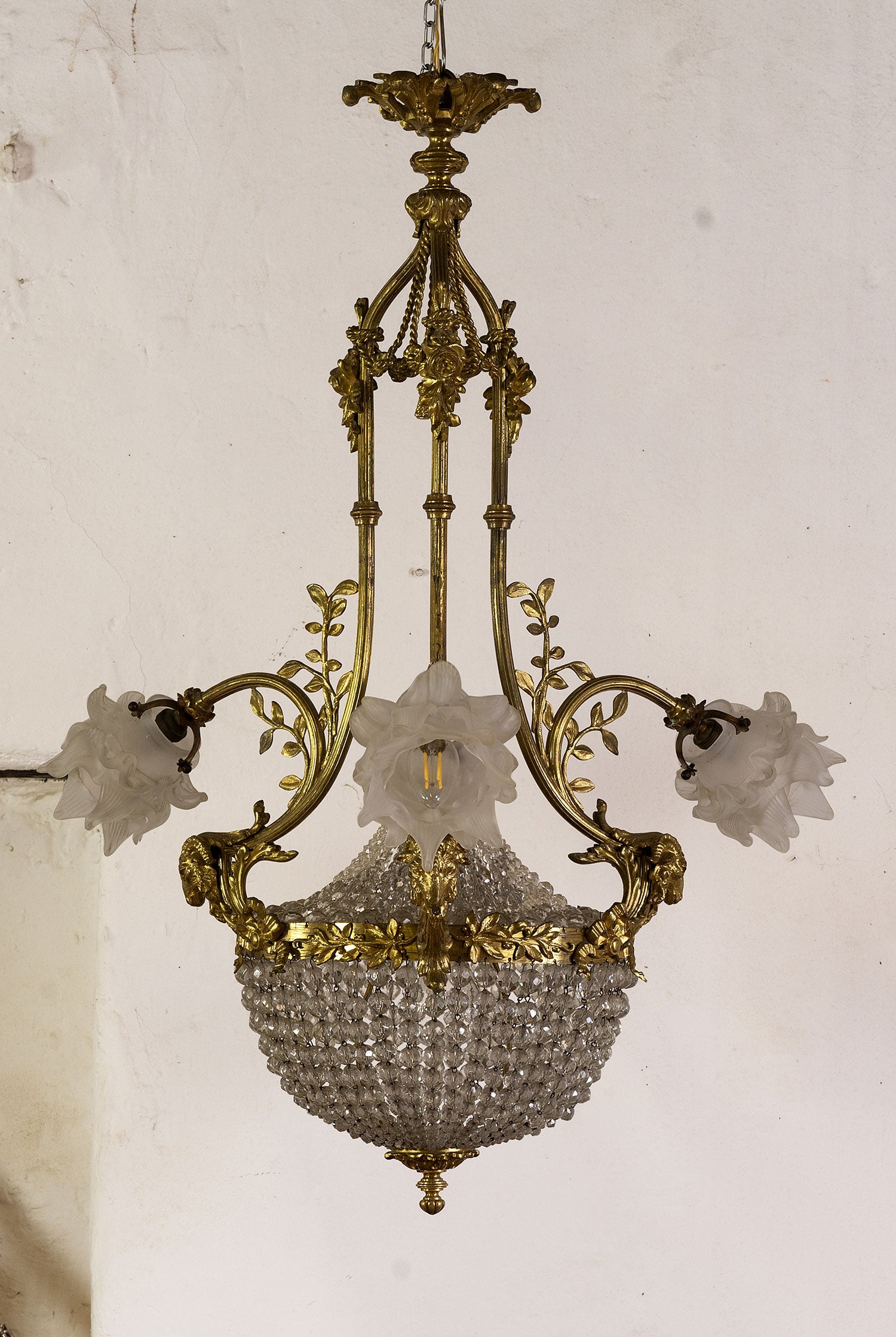 Antico Lampadario di cristallo, Italia Anni '20, periodo Art nouveau - 4 Luci-Lo Stile Italiano