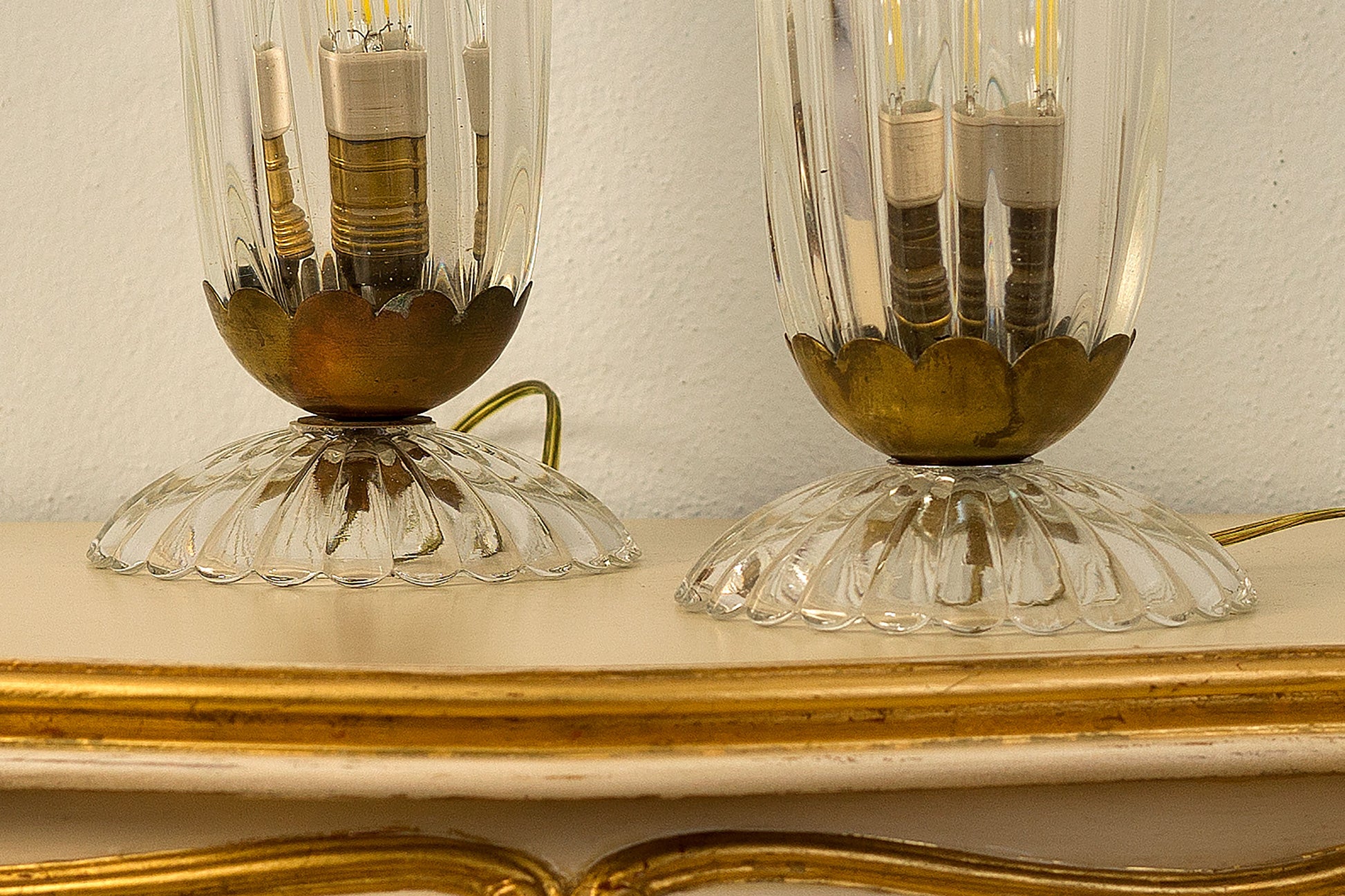 Lampade da tavolo Barovier e toso, in vetro di Murano con basamento in vetro e ottone-Lo Stile Italiano