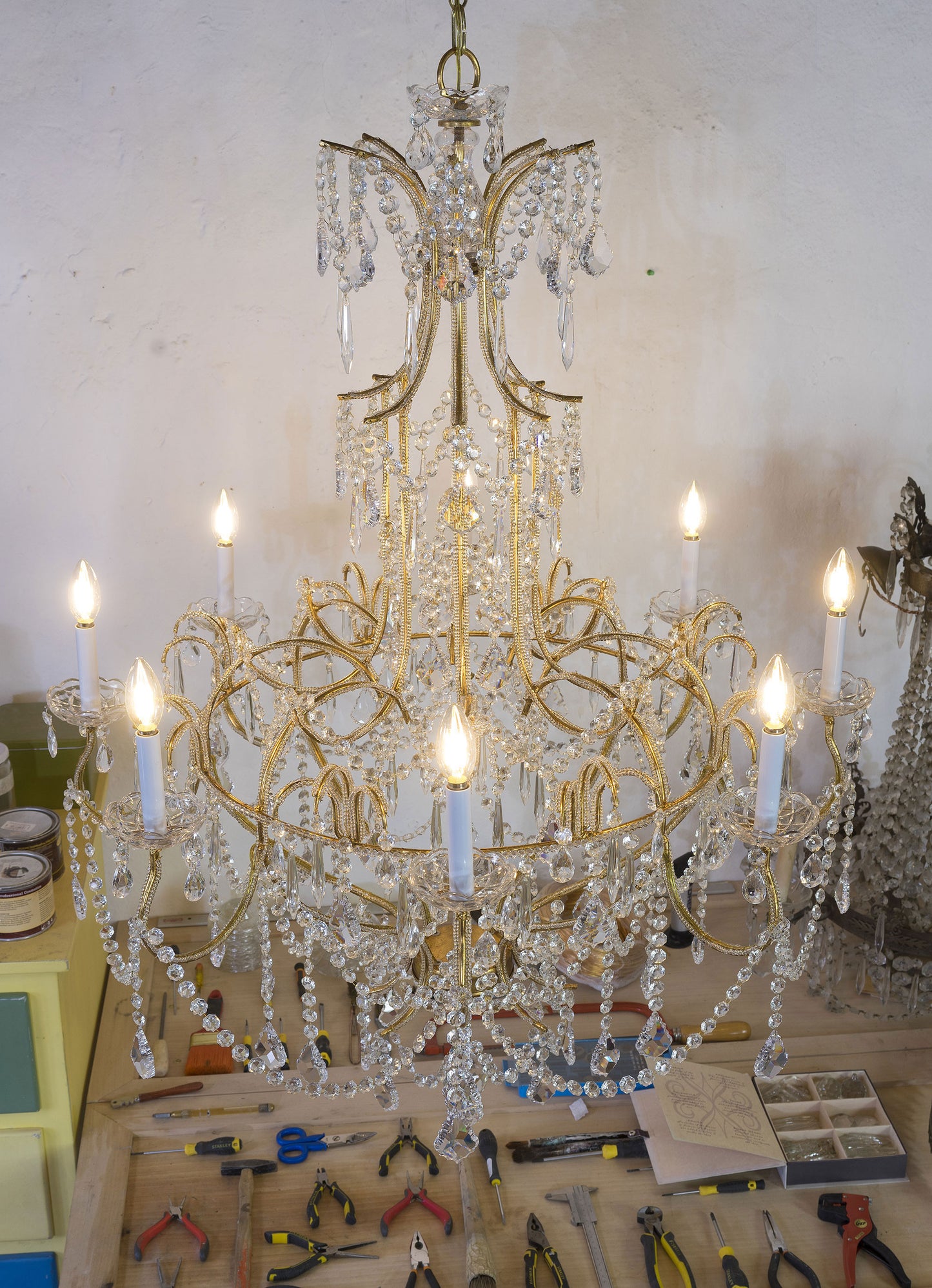 Lampadario di cristallo a 8 luci, Art Nouveau-Lo Stile Italiano