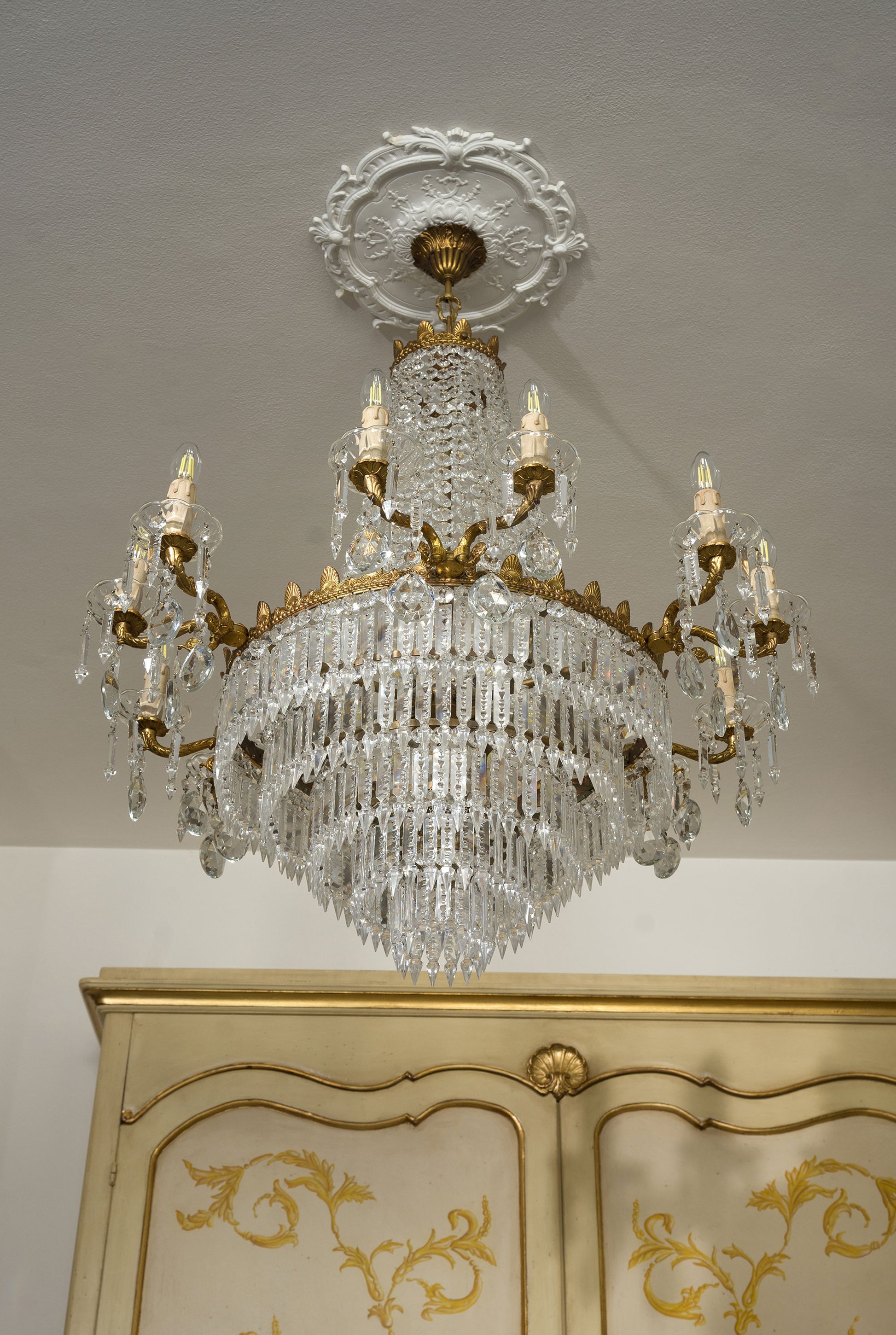 Lampadario Impero Cristallo, artigianato italiano anni 50, fatto a mano-Lo Stile Italiano