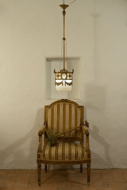 Lampadario Impero in ottone cesellato e cannule in vetro di Murano, 1910-Lo Stile Italiano