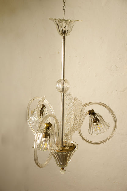 Lampadario Ercole Barovier e Toso in vetro di Murano, 3 luci, anni '40-Lo stile Italiano