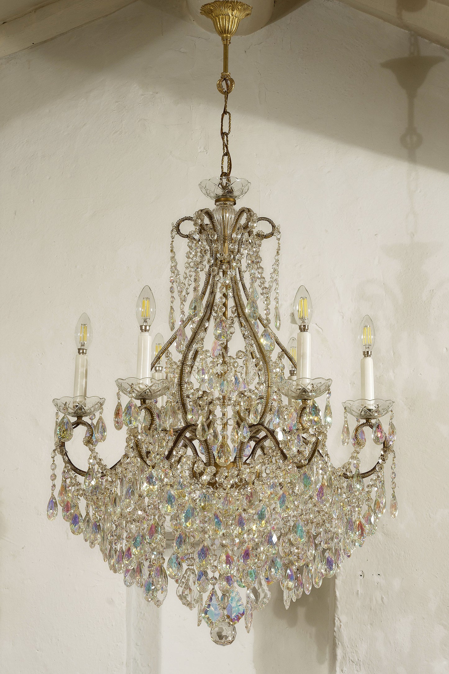 Lampadario stile Maria Teresa con gocce pendenti, Aurora boreale, 6 luci-Lo Stile Italiano