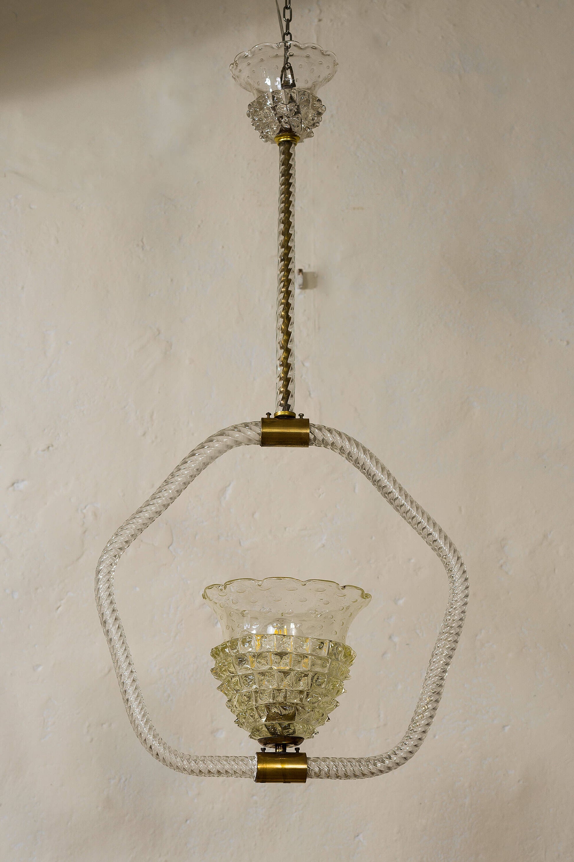 Lampadario Vintage anni '30 in vetro soffiato di Murano, con una luce centrale-Lo Stile Italiano