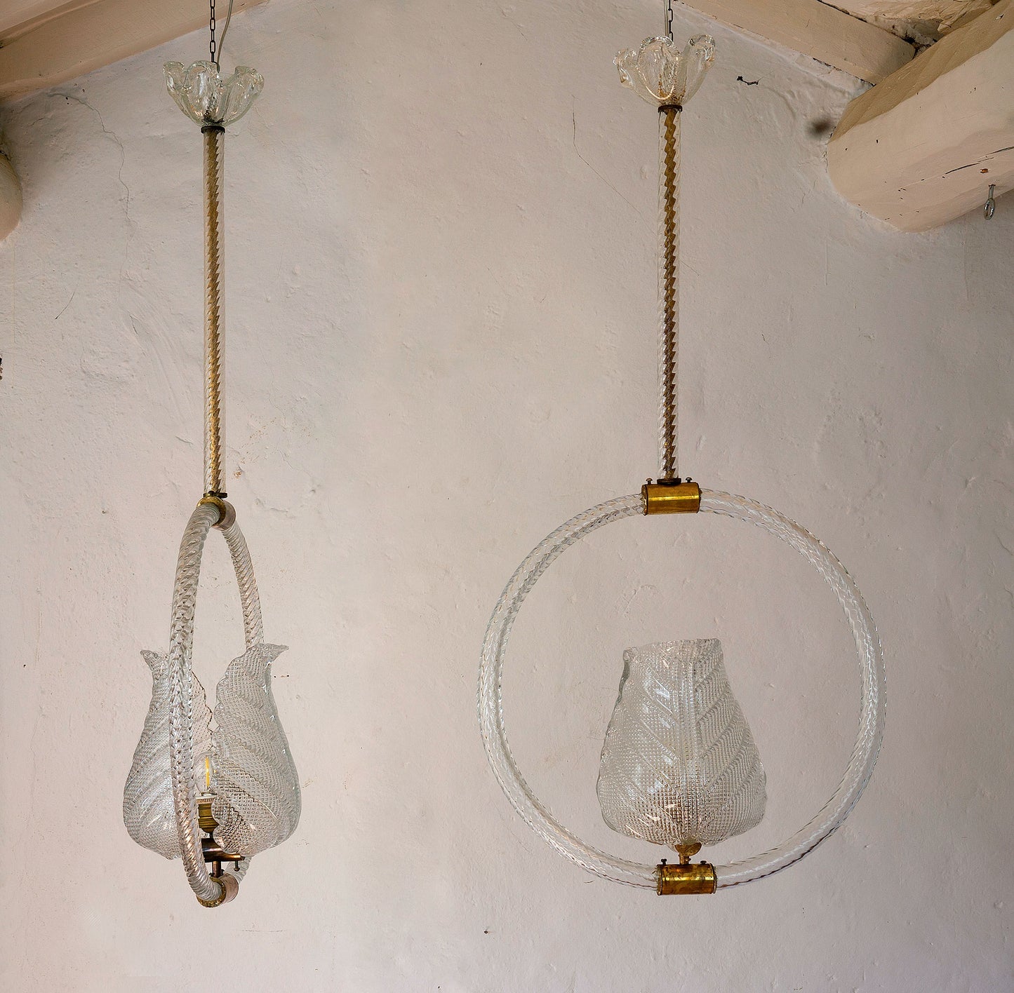 Coppia di Lampadari Barovier & Toso in vetro di Murano, 1 luce, anni '30-Lo Stile Italiano