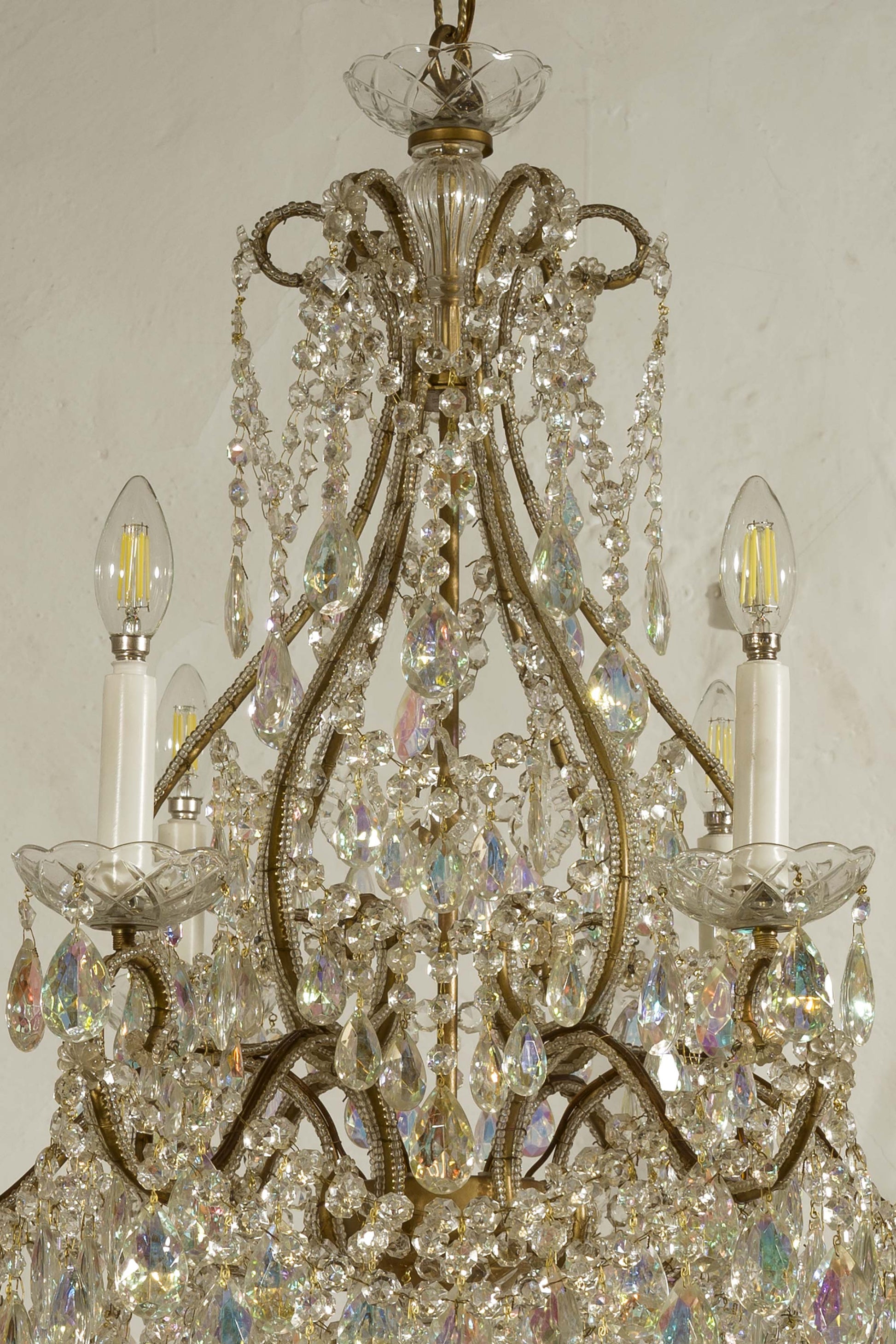 Lampadario antico di cristallo Maria Teresa con gocce di cristallo pendenti, Aurora Boreale-Lo Stile Italiano