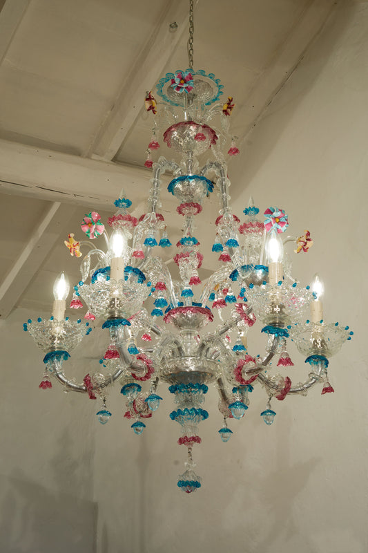 Lampadario antico in vetro soffiato di Murano, con campane gocce e fiori multicolori-Lo Stile Italiano