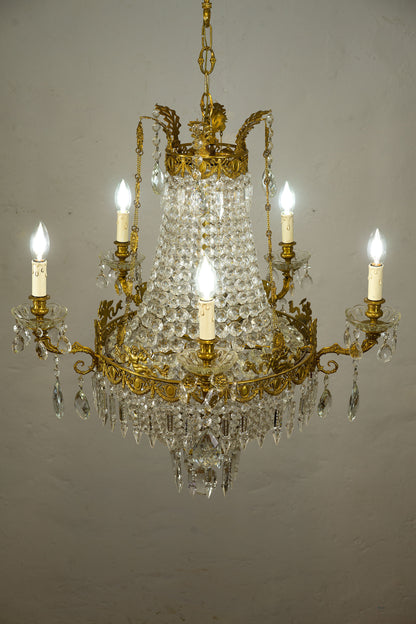 Lampadario Impero con fregi e festoni in ottone dorato. vintage-Lo Stile Italiano